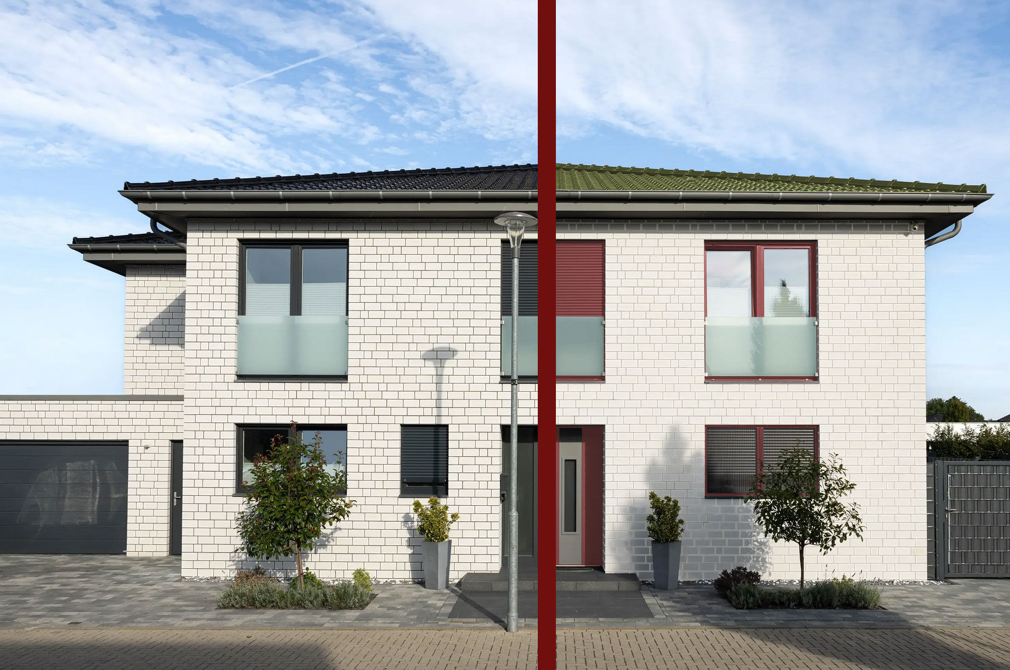 Dachfarbe beeinflusst die Wahrnehmung der Fassade: Dunkle Dächer betonen dunkle Fugen und lassen das Mauerwerk ruhiger erscheinen, während helle Dächer mit hellen Fugen ein luftiges, leichtes Fassadenbild erzeugen.