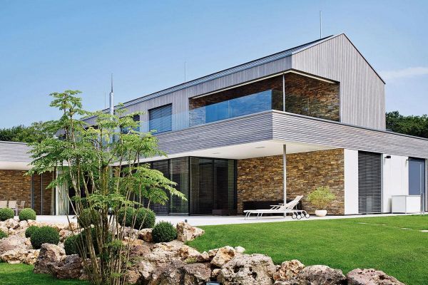 Einfamilienhaus H1 mit Naturstein-Optik Verblender 123-178-M-ModF braun, grau,  beige-sand nuanciert